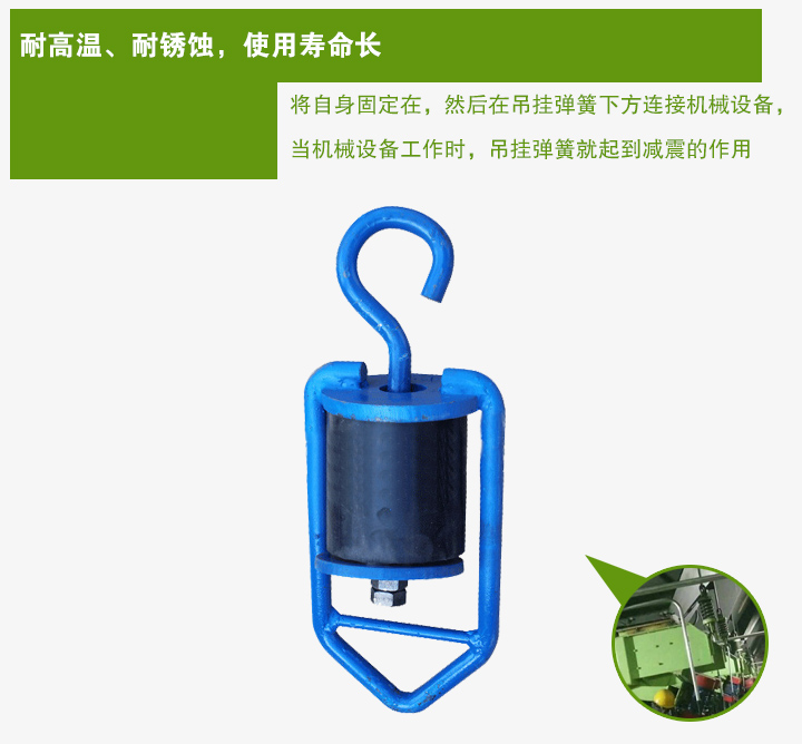 吊掛彈簧將自身固定在，然后在吊掛彈簧下方連接機械設備， 當機械設備工作時，吊掛彈簧就起到減震的作用